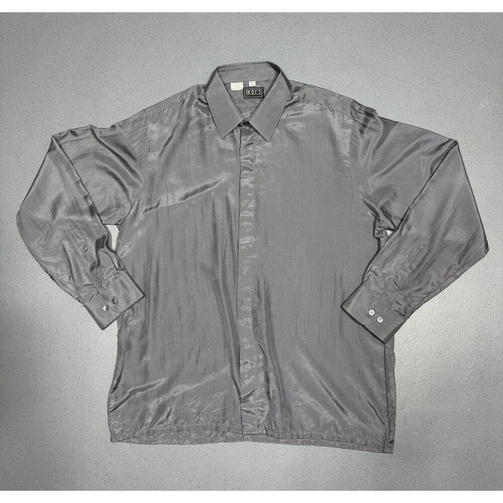 Vintage Bocci Silk Shirt Mens Large 16.5 Gray Silver Metallic Long Sleeve